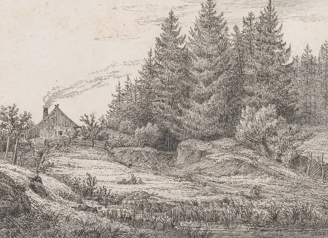 Cabaña de campesino en el linde de un bosque