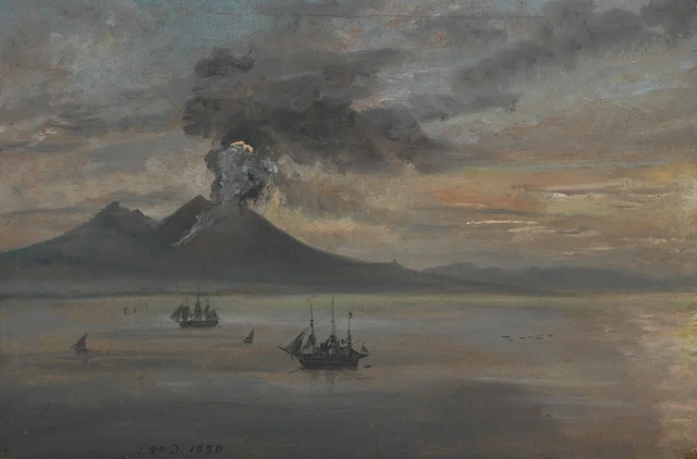 La costa napolitana con el Vesubio en erupción