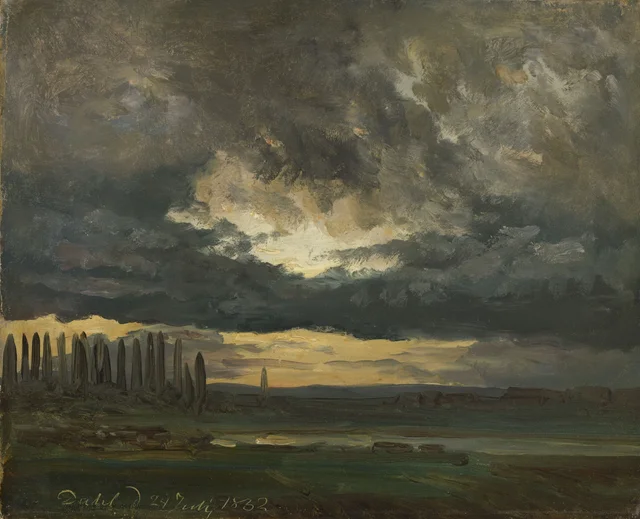 Cielo tormentoso sobre álamos, junto al Elba
