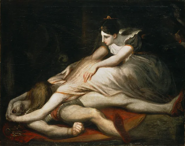 Kriemhild atira-se sobre o corpo de Siegfried, Johann Heinrich Füssli