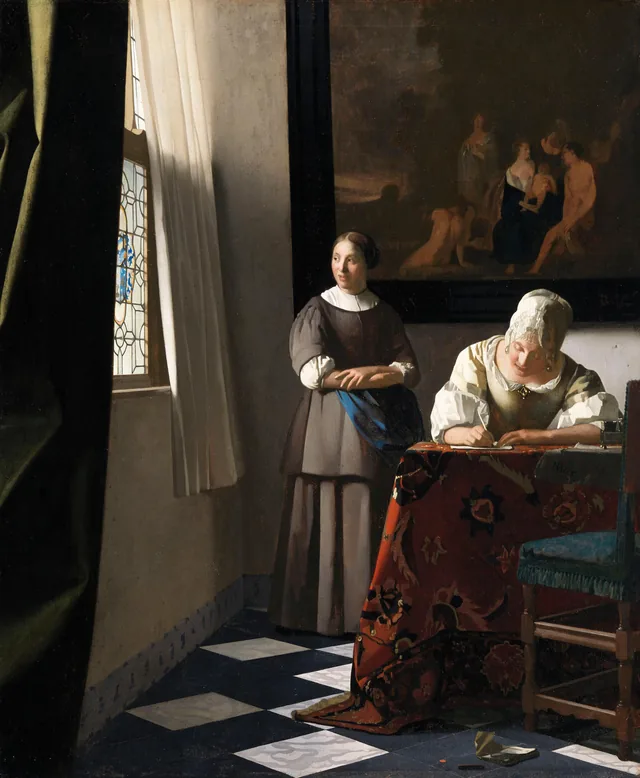 Mulher escrevendo uma carta, com sua criada, Johannes Vermeer