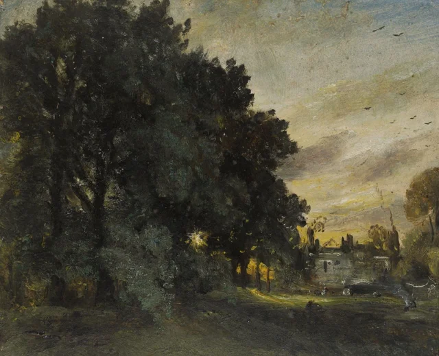 Estudio de una casa entre árboles: atardecer, John Constable