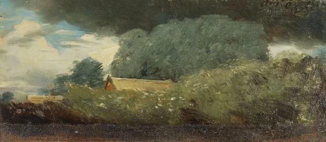 Paisaje, con árboles y casas de campo bajo un cielo amenazador