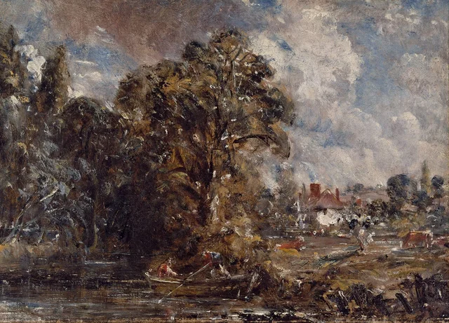 Escena fluvial, con una granja cerca de la orilla, John Constable