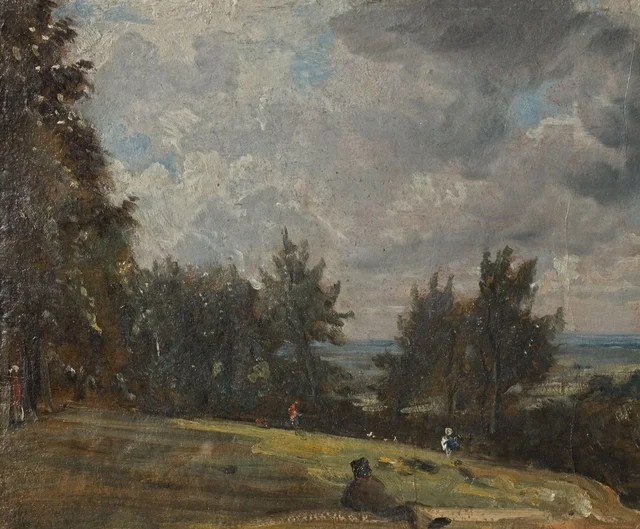 Una vista en Hampstead con árboles y figuras, John Constable
