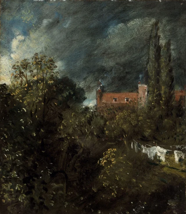 Vista en un jardín con una casa roja al fondo, John Constable