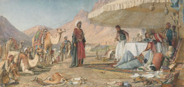 Acampamento franco no deserto do monte Sinai, 1842, o mosteiro de Santa Catarina ao longe, John Frederick Lewis