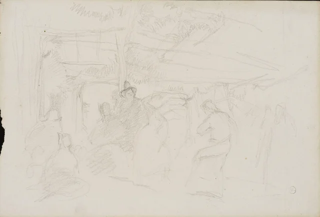 Rough sketch of a couple dancing under a vine-trellis, outside a Spanish wine-shop, John Frederick Lewis