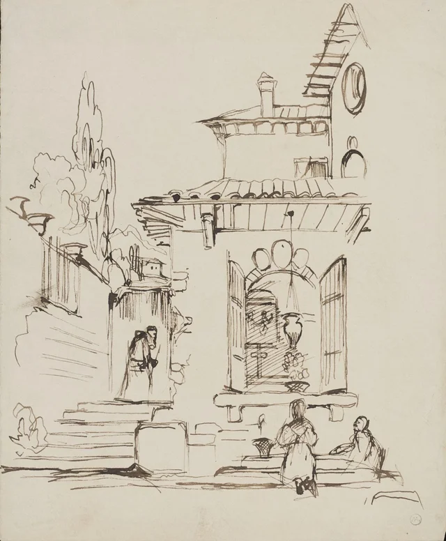 Rough sketch of the exterior of a Spanish chapel, with the shutters open to the street, John Frederick Lewis