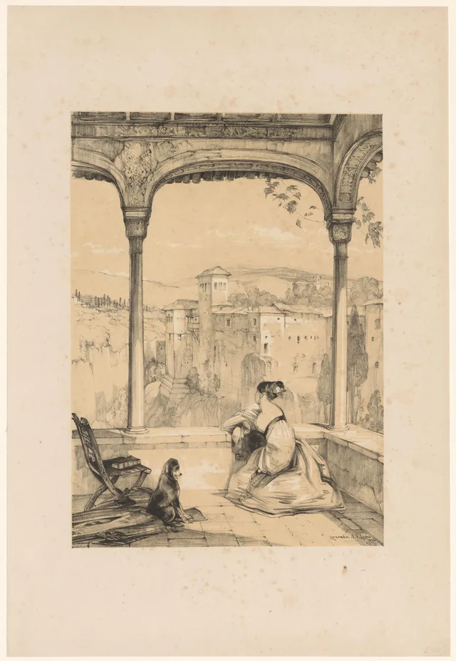 Granada: uma mulher e um cão numa loggia diante da Sierra Nevada