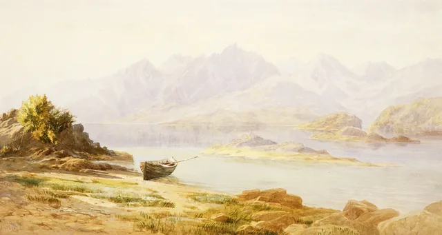 Lago Manapouri, a extremidade superior com as ilhotas rochosas, ao entardecer, John Gully