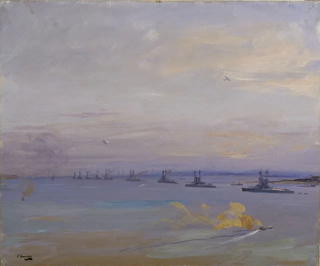 A esquadra americana no Firth of Forth, 1918: «New York» (nau capitânia), «Texas», «Florida», «Wyoming», «Delaware», John Lavery