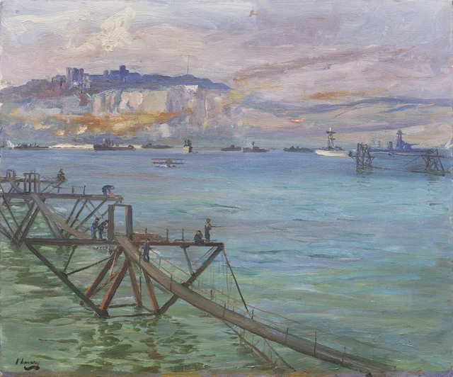 A entrada do porto de Dover, 1918: em primeiro plano, as redes que protegem o porto contra os submarinos inimigos, John Lavery
