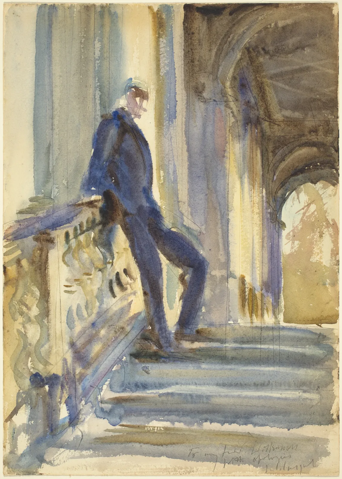 Sir Neville Wilkinson on the Steps of the Palladian Bridge at Wilton House, John Singer Sargent