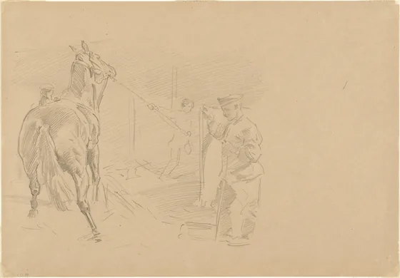 Man Pulling a Horse into a Stall