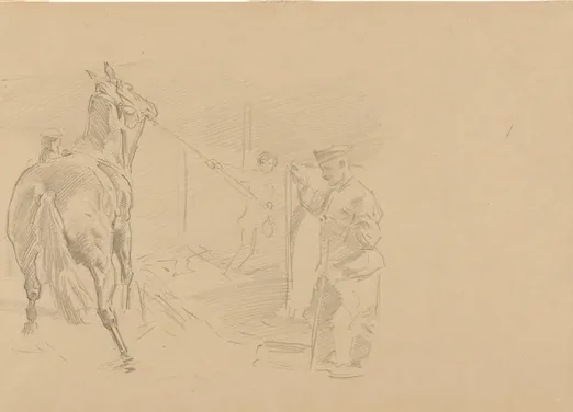 Man Pulling a Horse into a Stall