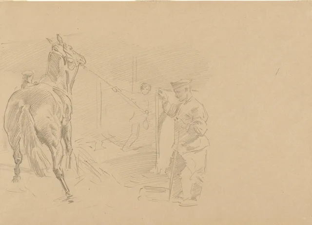 Homme tirant un cheval dans une stalle