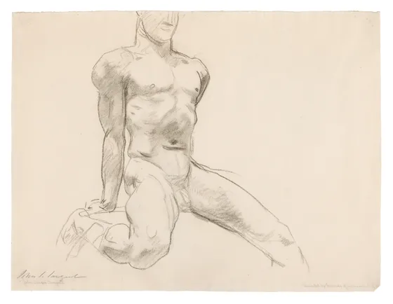 Seated Male Nude with Extended Leg (recto); Sketch of Kneeling Male Nude and Divided Circle (verso)