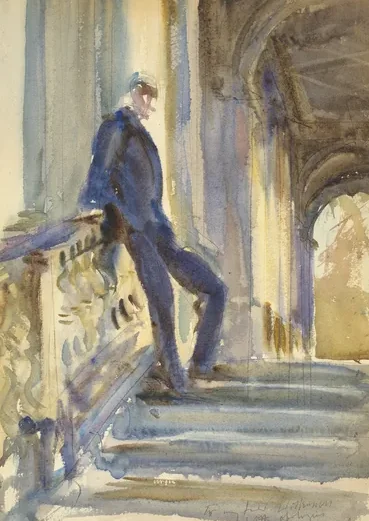 Sir Neville Wilkinson on the Steps of the Palladian Bridge at Wilton House