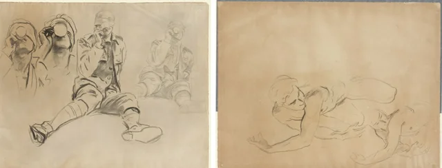 Études d'un soldat buvant, pour « Gazés » (recto) ; études de nu masculin (verso)