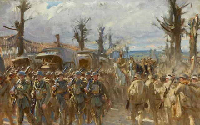 L'Arrivée des troupes américaines au front ; première étude pour L'Arrivée des troupes américaines au front