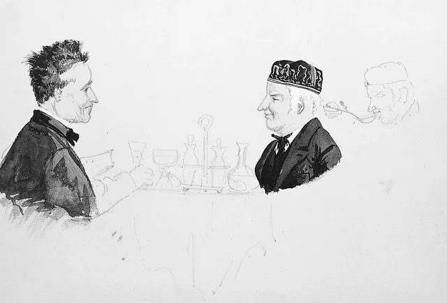 Deux hommes à une table, homme mangeant (du carnet de croquis Suisse 1869)