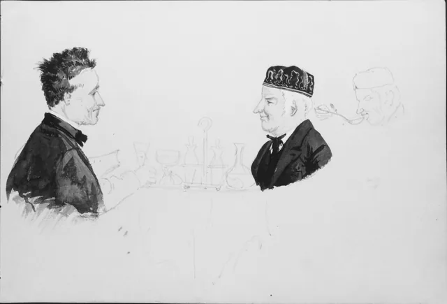 Dois homens a uma mesa, homem comendo (do caderno de esboços Suíça 1869)