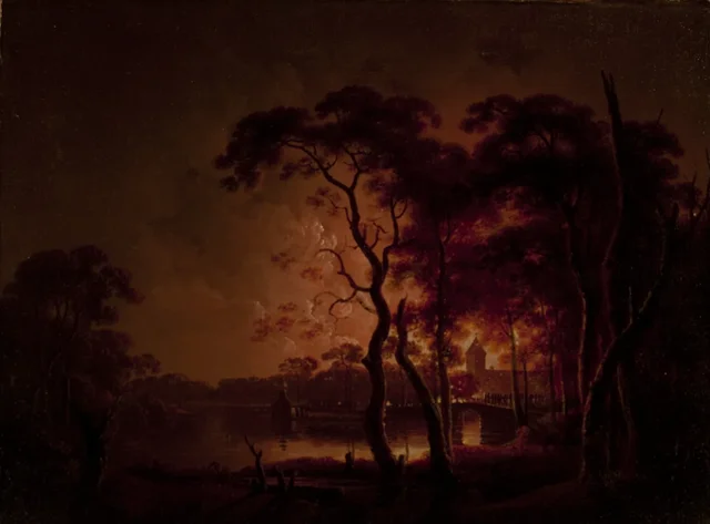 Fogo visto através das árvores, Joseph Wright of Derby