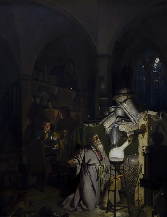 O Alquimista, em busca da pedra filosofal, descobre o fósforo e reza pelo bom êxito de sua operação, como era costume dos antigos astrólogos químicos, Joseph Wright of Derby