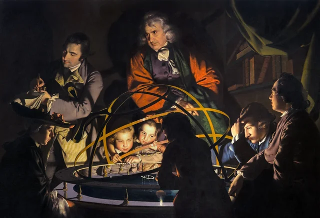 Um filósofo dando uma palestra sobre o planetário, em que uma lâmpada ocupa o lugar do sol, Joseph Wright of Derby