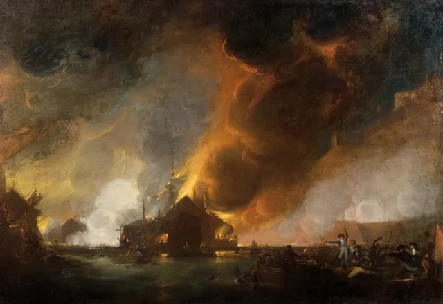 Vista de Gibraltar durante a destruição das baterias flutuantes espanholas, em 13 de setembro de 1782, Joseph Wright of Derby