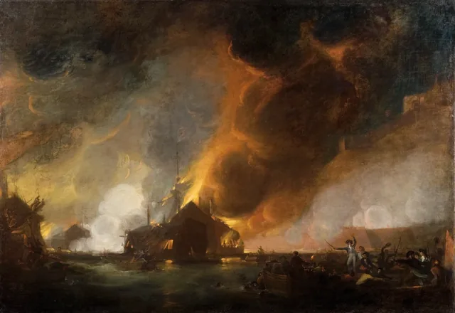 A View of Gibraltar during the Destruction of the Spanish Floating Batteries, on the 13th of September, 1782, Joseph Wright of Derby