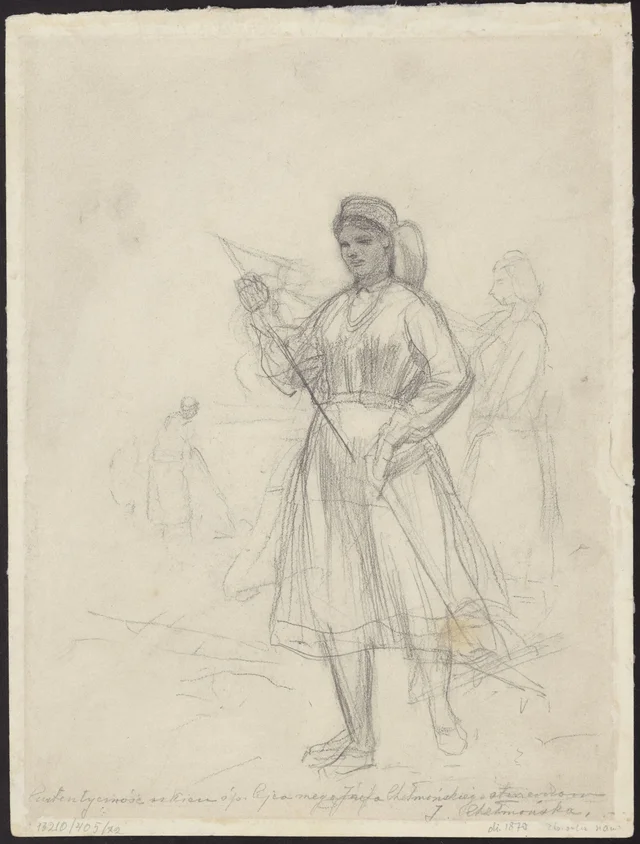 Camponesa com ancinho, esboço do quadro «Volta dos prados» de 1911; no verso: retrato da esposa, Maria, nascida Szymanowska, Józef Chełmoński