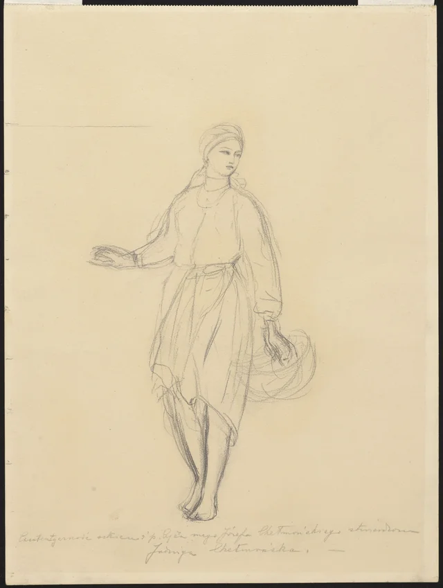 Camponesa com cesta; no verso: grous no prado, esboço para «Saudação ao sol, os grous» de 1910, Józef Chełmoński