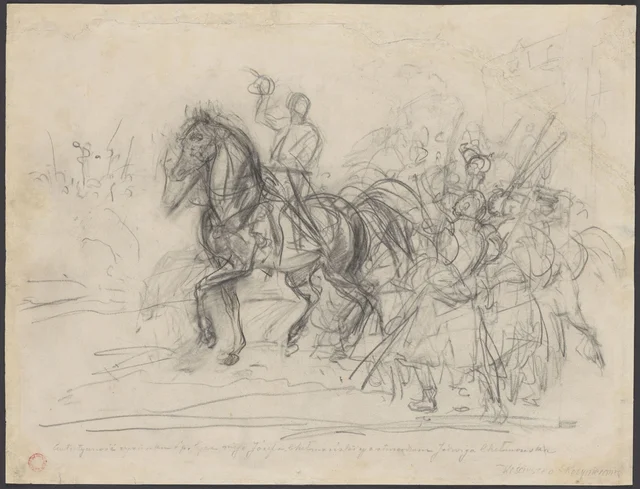 Kościuszko a cavalo com os foiceiros, esboço para «Oração antes da batalha. Racławice» de 1906; no verso: no estábulo, Józef Chełmoński