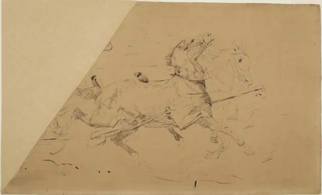 Dois cavalos a galope atrelados