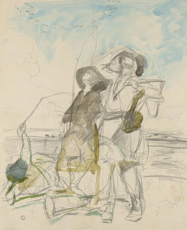 Jóvenes pastores mirando una bandada de pájaros, bocetos para «Las cigüeñas» de 1900, anverso y reverso, Józef Chełmoński
