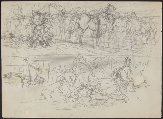 Cenas no mercado de cavalos, frente e verso, esboços para «Cavalos em repouso» de 1879, Józef Chełmoński
