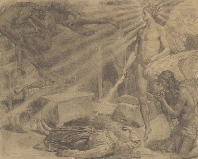 A Morte da mãe Rzepowa, ilustração para os «Esboços a carvão» de Henryk Sienkiewicz, Józef Chełmoński