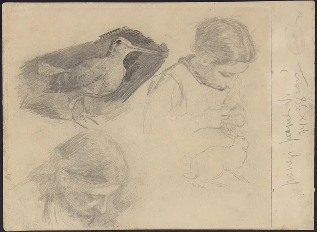 Estudo de galinhola, duas cabeças de meninas (as filhas de Chełmoński) e esboço de lebre, Józef Chełmoński