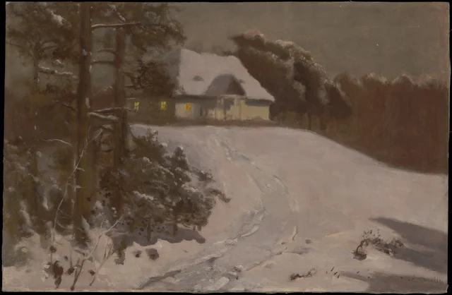 Inverno, a casa senhorial ao crepúsculo de inverno, Józef Chełmoński