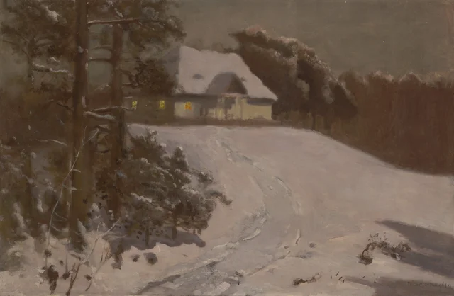 Invierno, la casa señorial en el crepúsculo invernal