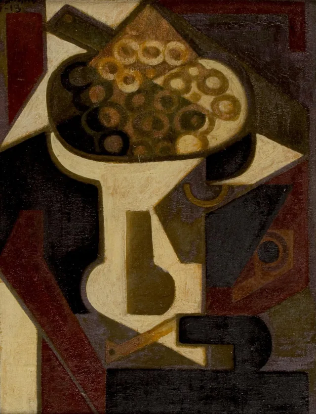 Um prato de uvas e um cachimbo sobre uma mesa, Juan Gris