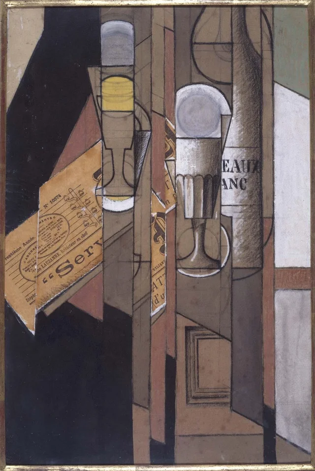 Verres, journal et bouteille de vin, Juan Gris