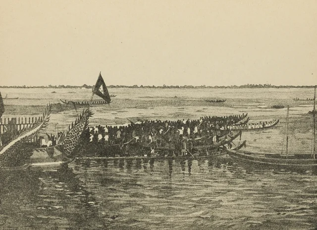 Fête des Eaux, embarquement sur les pirogues de course