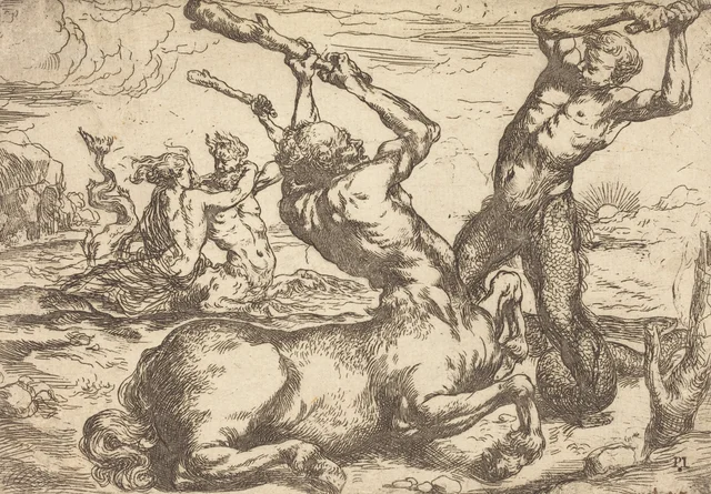 Combat entre un centaure et un triton