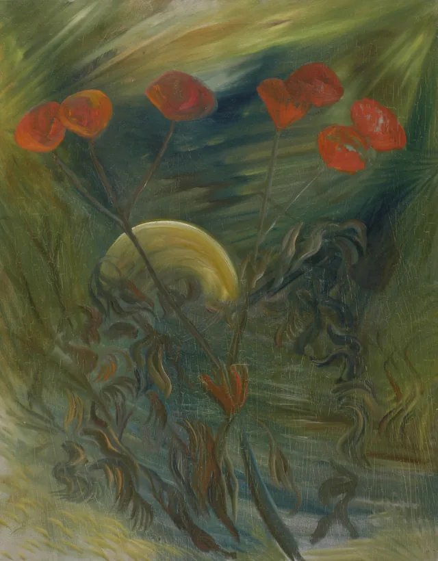 Red flowers (poppies?) in the moonlight, Karel Albert Schmidt