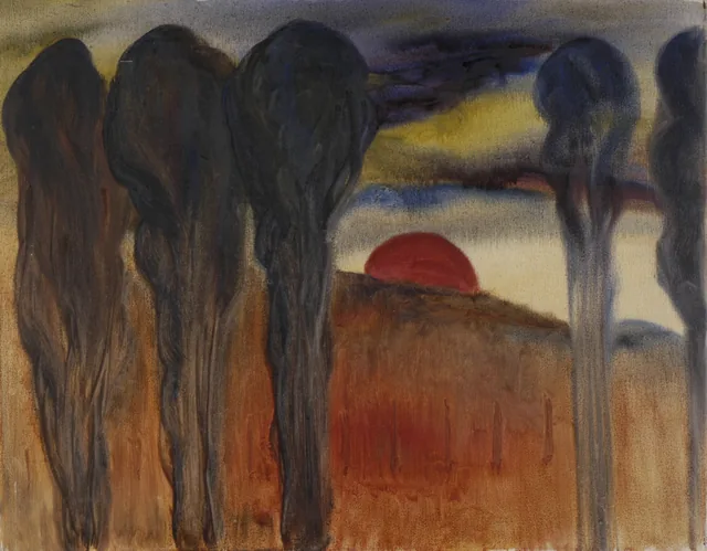 Landscape, setting sun, five trees, Karel Albert Schmidt