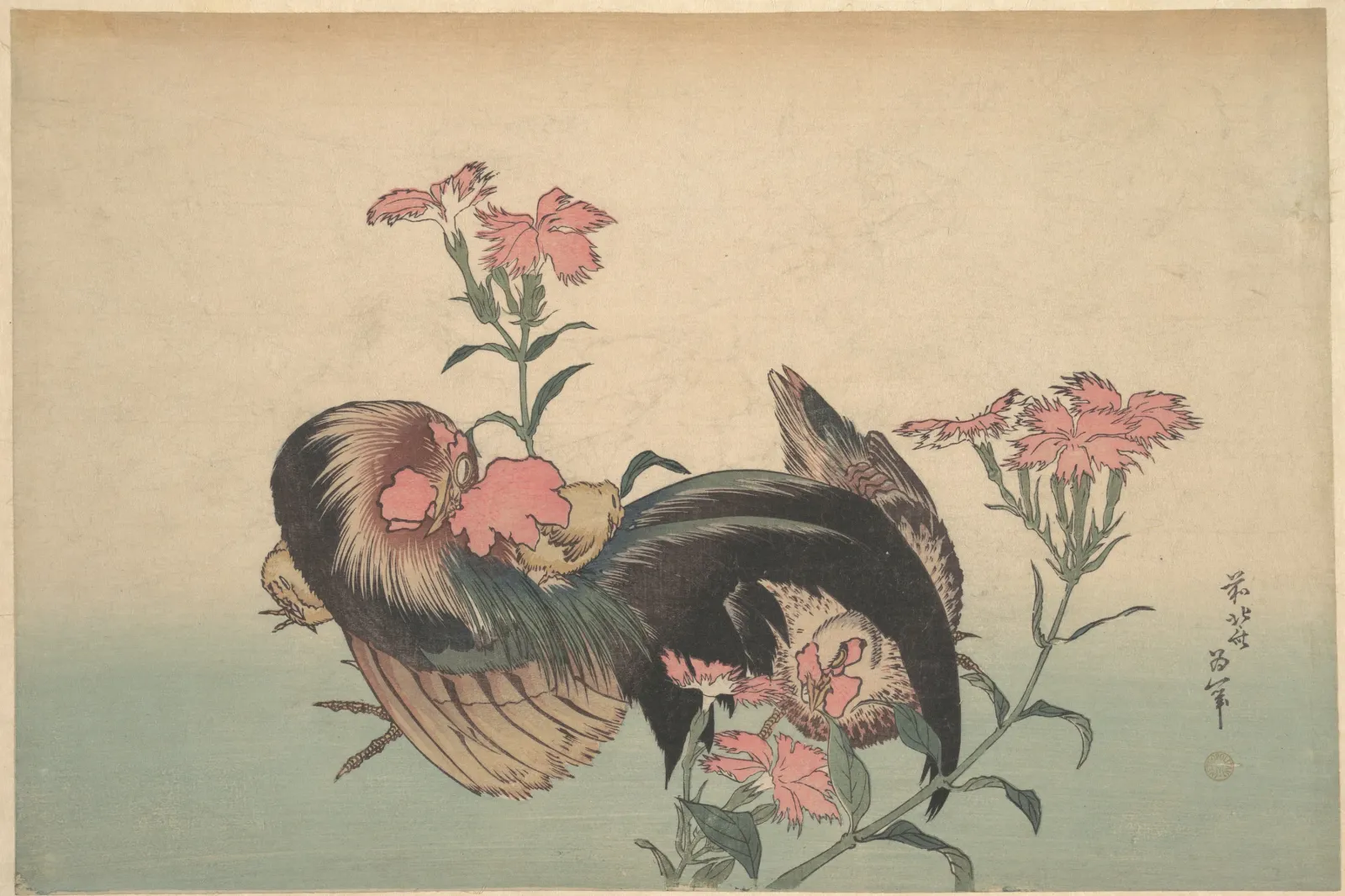 Cock, Hen, and Nadeshiko (Dianthus Superbus), Katsushika Hokusai