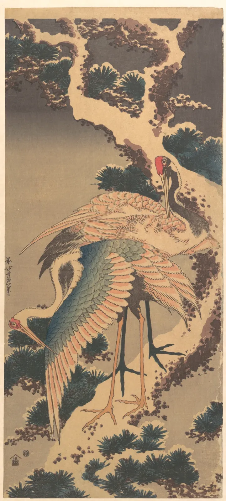Cranes on Branch of Snow-covered Pine, Katsushika Hokusai